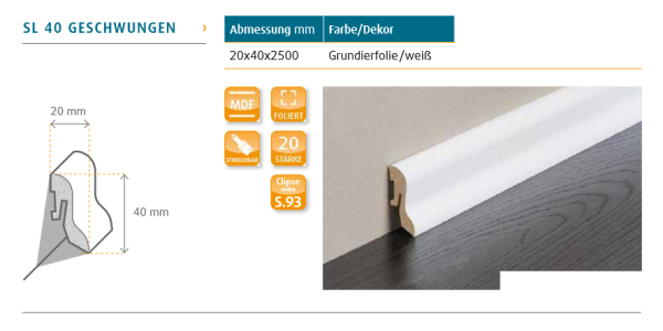 Geschwungene Sockelleiste 20 x 40 x 2500mm